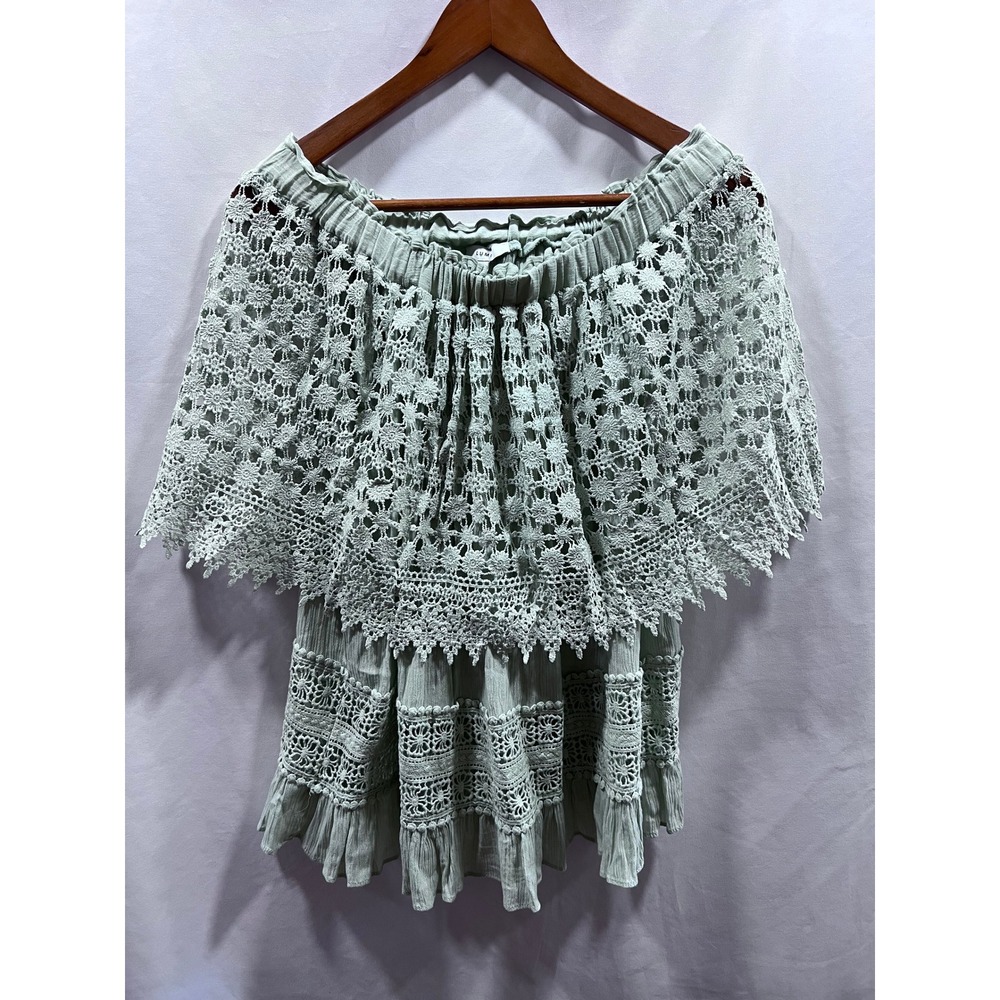 LUMIE Womens Sage Green Crochet Lace Off The Shoulder Boho Blouse Size M